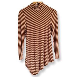 CHICO'S Tunic Shirt Size 0 Small Brown Striped Asymmetric Long Sleeve Stretch